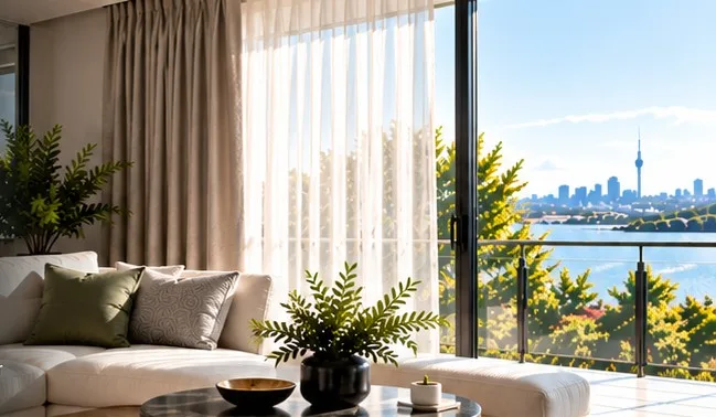 Living room with layered curtains and harbour view