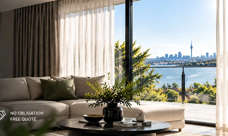 Sheer and blockout curtains in a harbour-view lounge