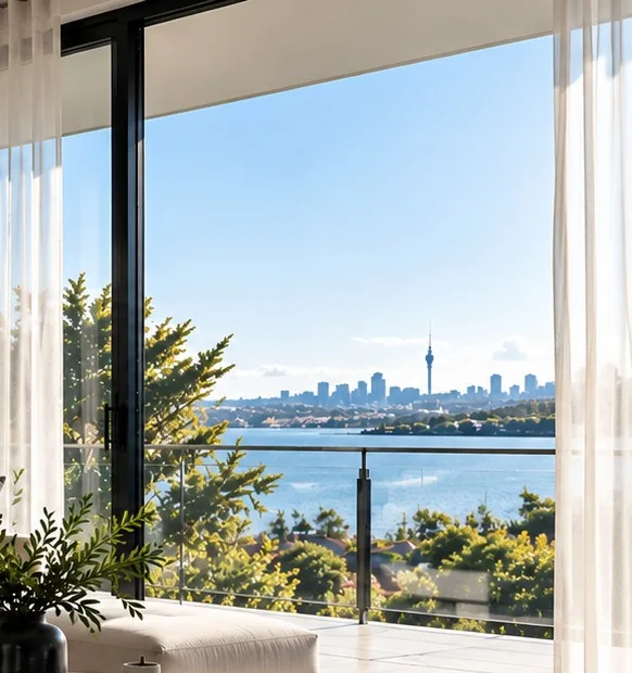 Sheer curtains framing an Auckland harbour view