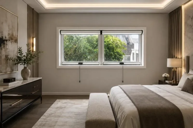 Retractable window fly screens in a bedroom