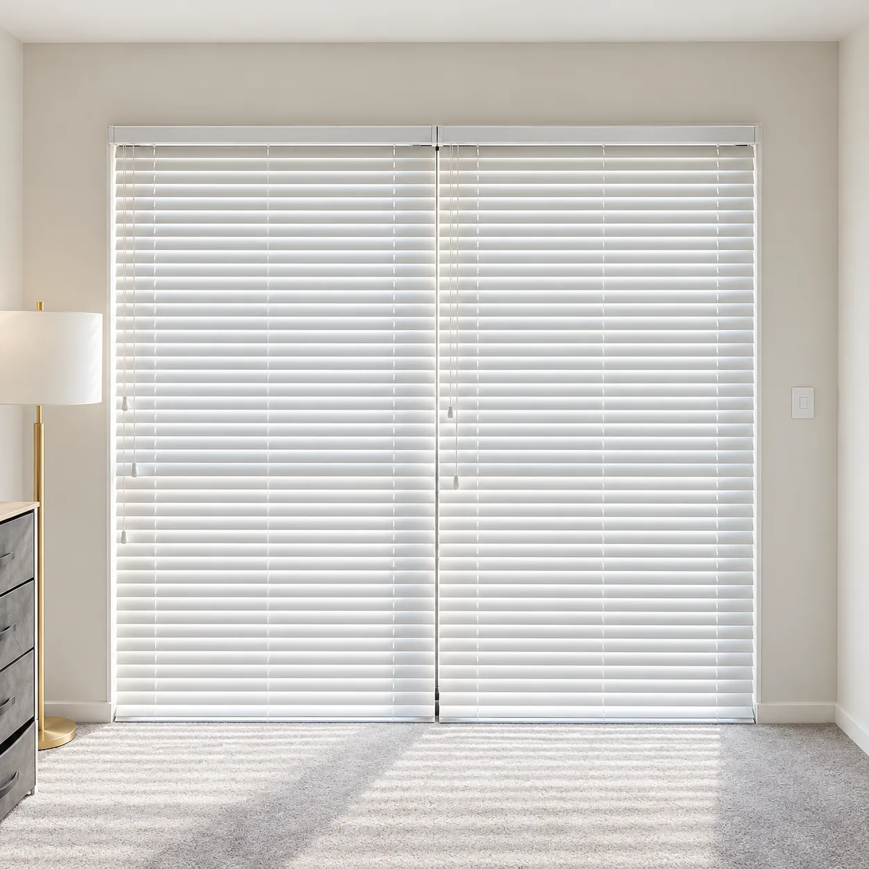 White venetian blinds on a sliding door