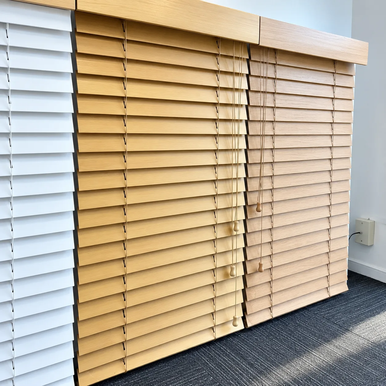 White, natural timber and cream wood venetian blinds in the showroom